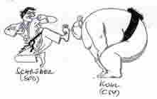 A German caricature:"SCHROEDER is issued challenge to KOHL".Left-below letter is SCHROEDER(SPD),right-below is KOHL(CDU)