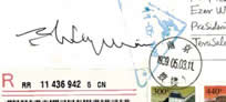 Weizman's autograph for my postcards in May 1999